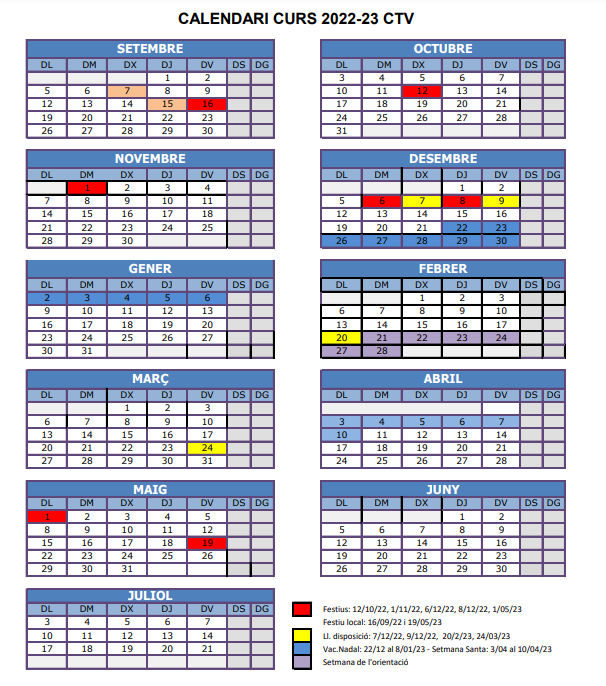 Calendario escolar CTV curs 2022-2023